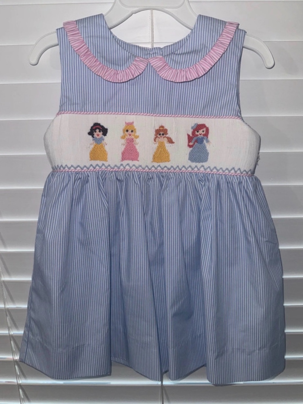 Girls Blue Striped Smocked Princess Dress with Pink Trim